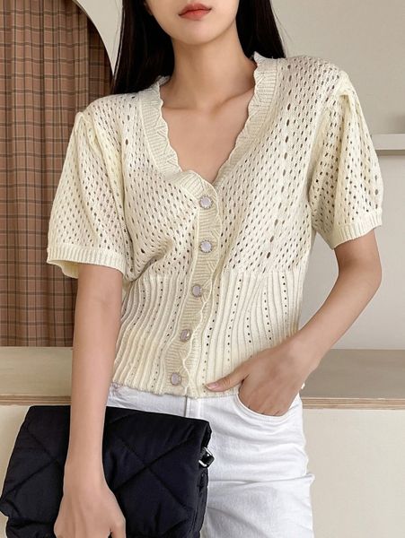 dazy scallop trim pointelle knit cardigan l4sd#, White;black