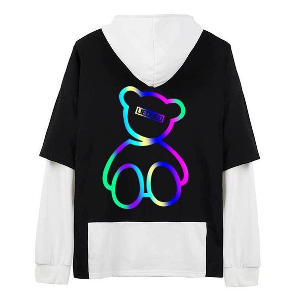 fake two piece ribbon hoodies reflective cute bear rainbow hooded sweatshirts casual cotton pullovers streetwear homme clothes 220608, Black 
fake two piece ribbon hoodies reflective cute bear rainbow hooded sweatshirts casual cotton pullovers streetwear homme clothes 220608, Black