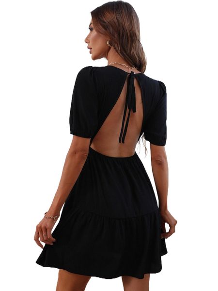 backless knot puff sleeve ruffle hem dress e18a#, Black;gray
backless knot puff sleeve ruffle hem dress e18a#, Black;gray