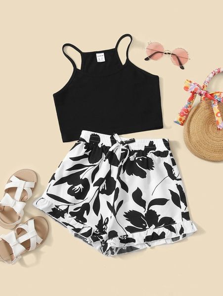 girls cami and floral shorts set she, White 
girls cami and floral shorts set she, White