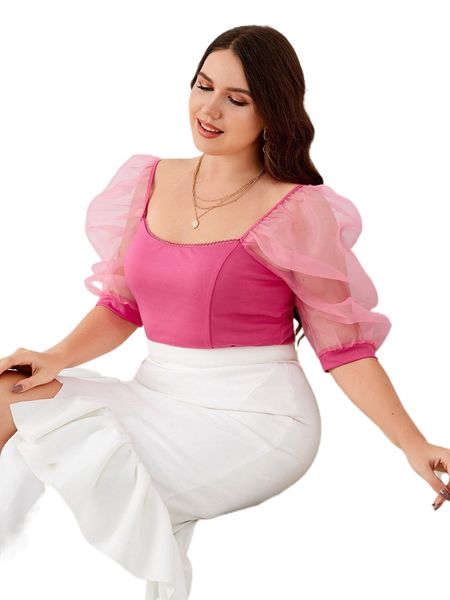 plus sheer mesh puff sleeve s7a4#, Black