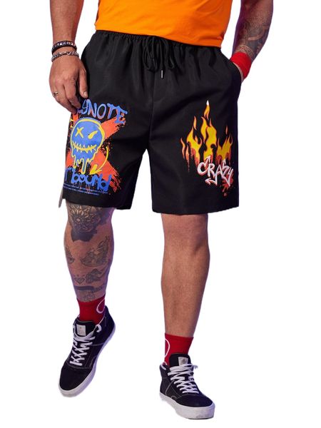 extended sizes men fire & slogan graphic drawstring waist shorts 198m#, White;black