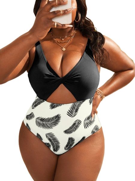 plus random print twist cut-out one piece swimsuit 60sy#, White;black