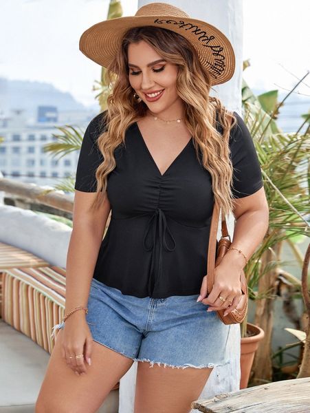 plus ruched tie front tee q2gn#, Black 
plus ruched tie front tee q2gn#, Black