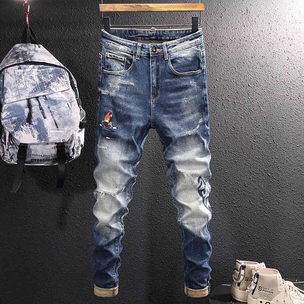 men's jeans worn embroidered torn jeans men's fashion graffiti scraped elastic korean slim leggings ckeh, Blue
men's jeans worn embroidered torn jeans men's fashion graffiti scraped elastic korean slim leggings ckeh, Blue