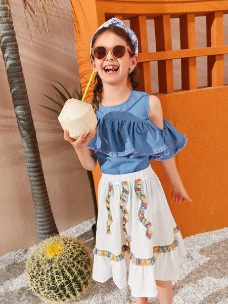 girls cold shoulder ruffle trim & fringe trim skirt set she, White
girls cold shoulder ruffle trim & fringe trim skirt set she, White
