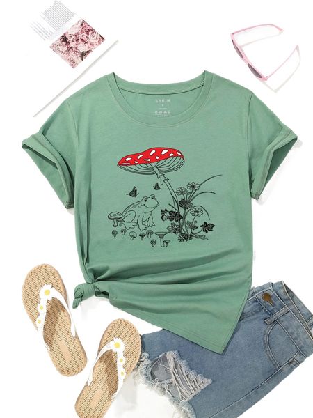 animal and floral print tee p7jj#, White 
animal and floral print tee p7jj#, White