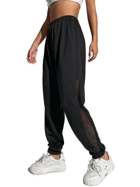 fishnet insert elastic waist sweatpants b4aq#, Black;white