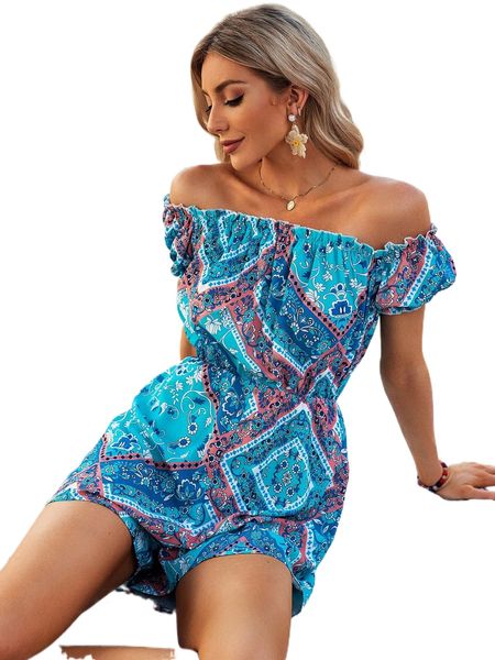scarf print off shoulder frilled puff sleeve romper q0c8#, Black;white