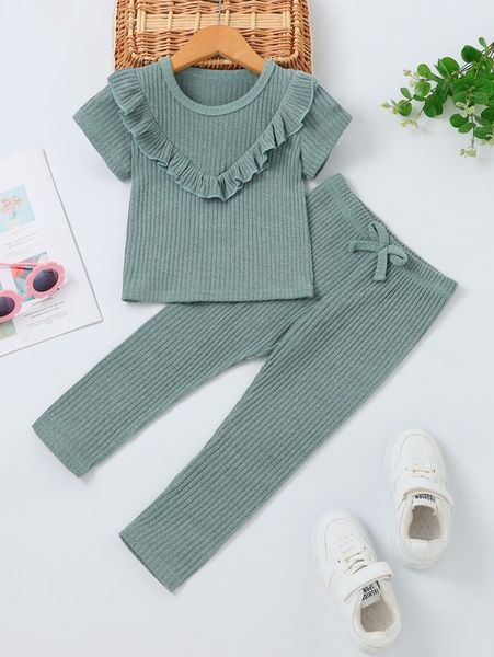 toddler girls ruffle trim tee & bow front leggings she02, White 
toddler girls ruffle trim tee & bow front leggings she02, White