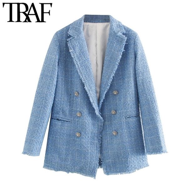 traf women fashion office wear double breasted tweed blazer coat vintage long sleeve frayed female outerwear chic y201026, White;black
traf women fashion office wear double breasted tweed blazer coat vintage long sleeve frayed female outerwear chic y201026, White;black