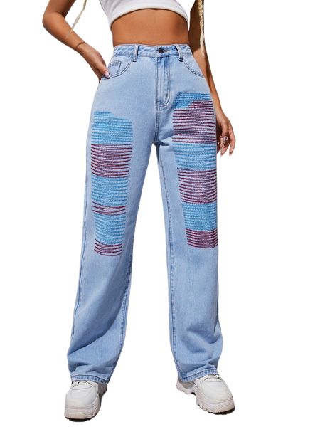 high waisted striped embroidered straight leg jeans l8pm#, Blue
high waisted striped embroidered straight leg jeans l8pm#, Blue