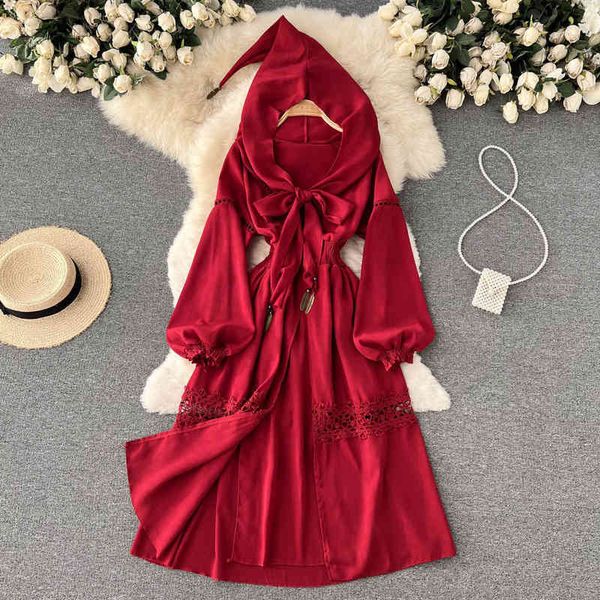 casual dresses yunnan ethnic style tourism holiday skirt red hooded waist closing large swing super fairy sweet temperament dress ttyt, Black;gray