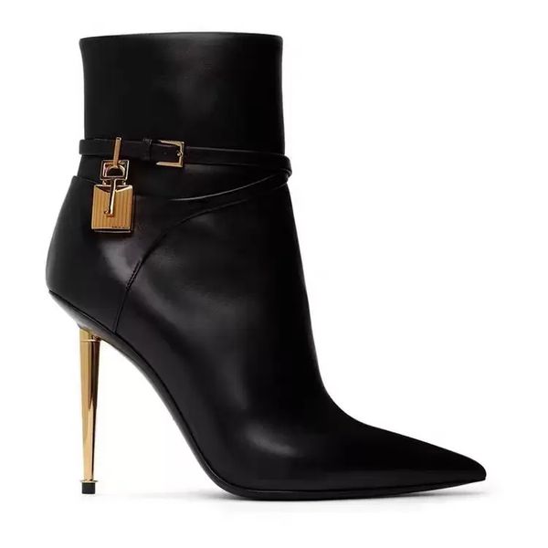 new pattern metal lock decoration calf leather high heel boots side zip shoes pointed toe stiletto heel booties run way luxury designers sho, Black
new pattern metal lock decoration calf leather high heel boots side zip shoes pointed toe stiletto heel booties run way luxury designers sho, Black