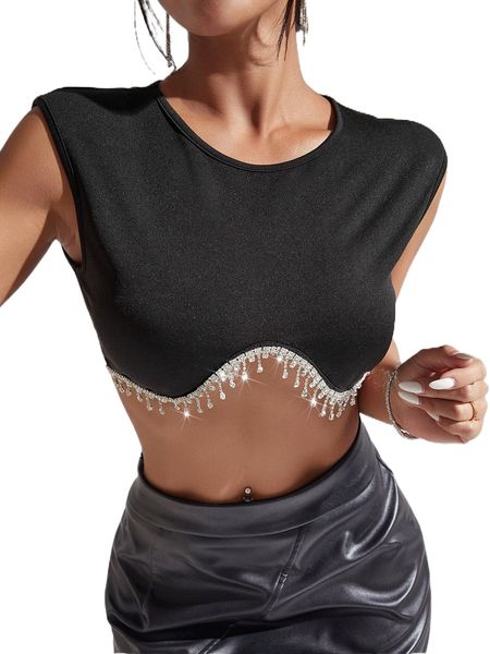 rhinestone trim crop tank y9aa#, White