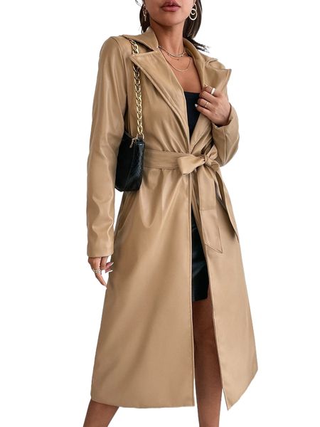 solid belted lapel neck pu coat z2zg#, Black
solid belted lapel neck pu coat z2zg#, Black