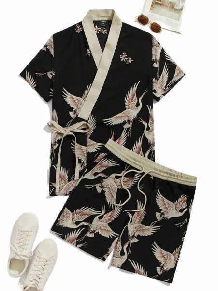 men crane print contrast trim knot side kimono & drawstring waist shorts v94s#, Gray
men crane print contrast trim knot side kimono & drawstring waist shorts v94s#, Gray