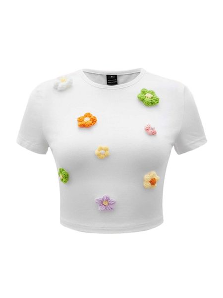 mod floral appliques round neck tee x019#, White
mod floral appliques round neck tee x019#, White