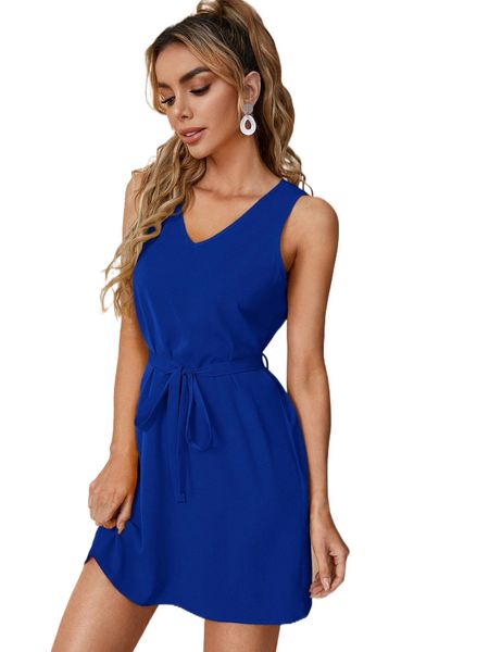 solid belted tank dress a9d8#, Black;gray