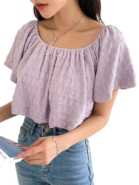dazy solid flutter sleeve textured blouse c1vc#, White 
dazy solid flutter sleeve textured blouse c1vc#, White