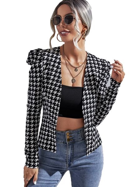houndstooth print gigot sleeve open front jacket f0lm#, Black;brown
houndstooth print gigot sleeve open front jacket f0lm#, Black;brown
