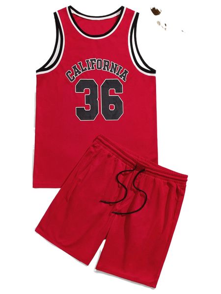 men varsity print ringer tank and shorts set s5lh#, Gray