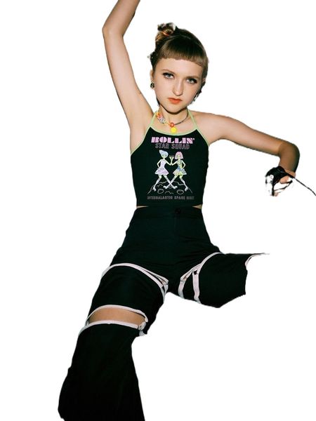 romwe x may lee street life cartoon letter graphic halter n1vr#, White
