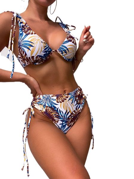 tropical print drawstring bikini swimsuit n503#, White;black 
tropical print drawstring bikini swimsuit n503#, White;black
