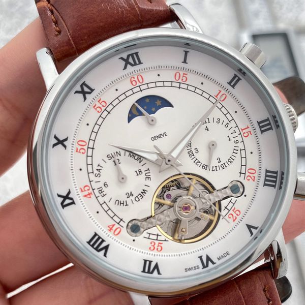 genuine leather strap luxury wristwatches men watches mechanical automatic daydate flywheel moon phase watch for mens christmas father', Slivery;brown
genuine leather strap luxury wristwatches men watches mechanical automatic daydate flywheel moon phase watch for mens christmas father', Slivery;brown