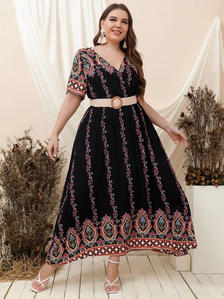 plus floral print belted dress 72r1#, Black
plus floral print belted dress 72r1#, Black