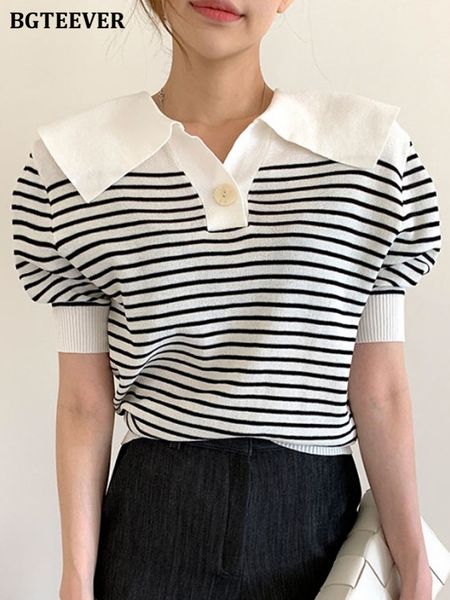 spring summer turn-down collar ladies striped t-shirt puff short sleeve loose knitted women pullovers ladies tees, White
spring summer turn-down collar ladies striped t-shirt puff short sleeve loose knitted women pullovers ladies tees, White