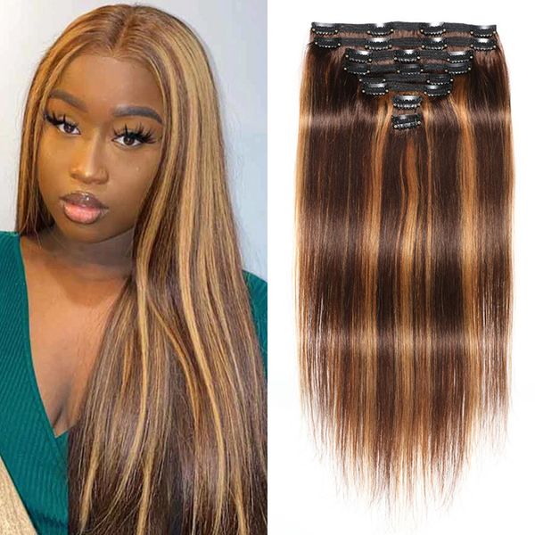 p4/27 human hair clip in extensions highlight brazilian straight remy hair wefts 14- inch for women, Black;brown
p4/27 human hair clip in extensions highlight brazilian straight remy hair wefts 14- inch for women, Black;brown