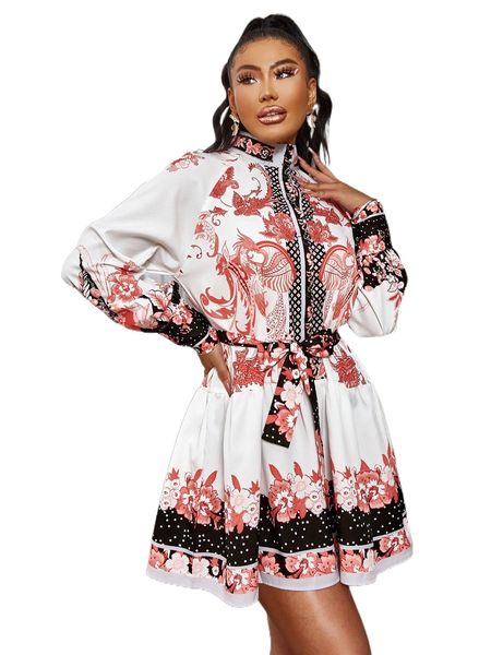glamaker floral and paisley print belted mock neck dress e0g6#, Black;gray