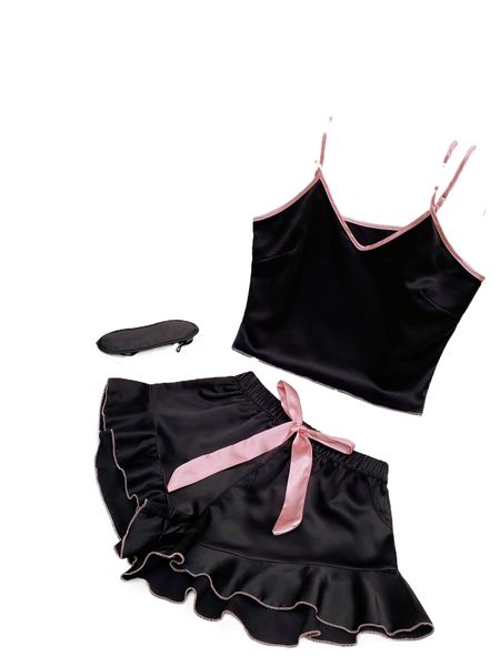 contrast binding cami & ruffle trim shorts pj set with pleated scrunchie & eye mask 292m#, Black;red
contrast binding cami & ruffle trim shorts pj set with pleated scrunchie & eye mask 292m#, Black;red