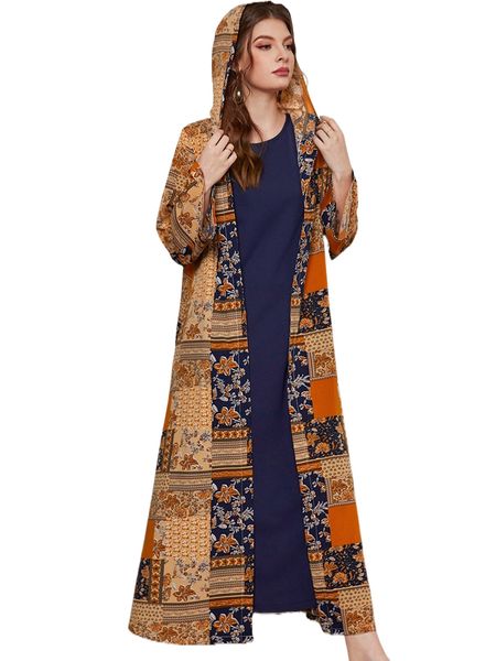 patchwork print hooded coat & tunic dress m27o#, White 
patchwork print hooded coat & tunic dress m27o#, White
