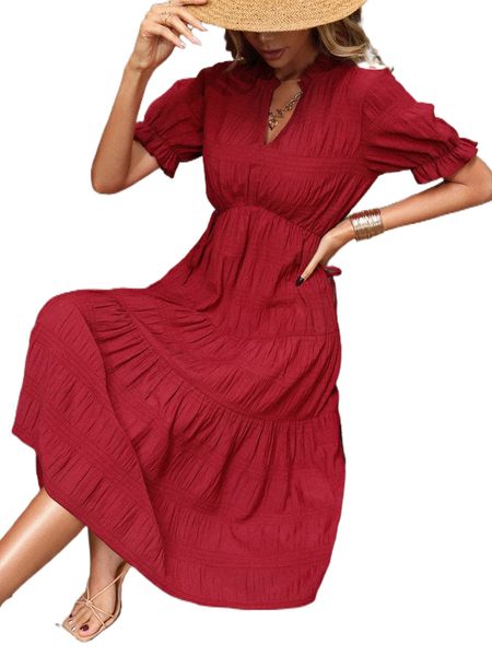 frill trim notched neck textured dress c4to#, Black;gray