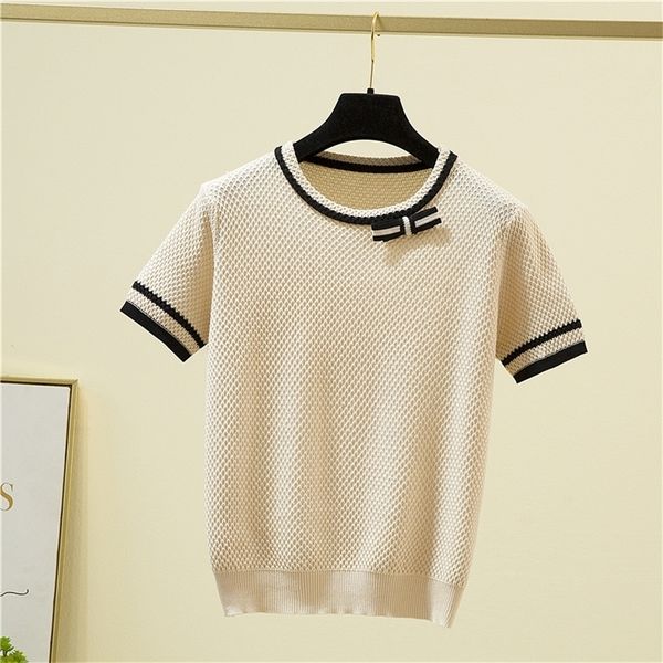 knitted t shirt women bow patchwork short sleeve t-shirt korean fashion womens clothing summer thin tee shirt femme 220407, White
knitted t shirt women bow patchwork short sleeve t-shirt korean fashion womens clothing summer thin tee shirt femme 220407, White