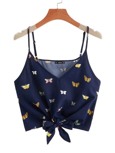 plus butterfly print knot front cami b14e#, Black