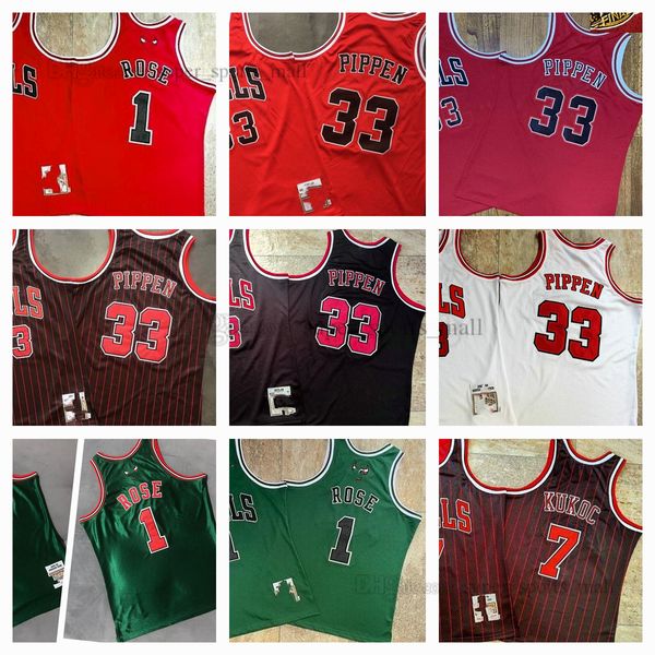 retro real embroidery basketball jerseys 1 derrick 7 toni rose kukoc 33 scottie 91 dennis pippen rodman mitchell&ness jersey mans women kids, Black;red