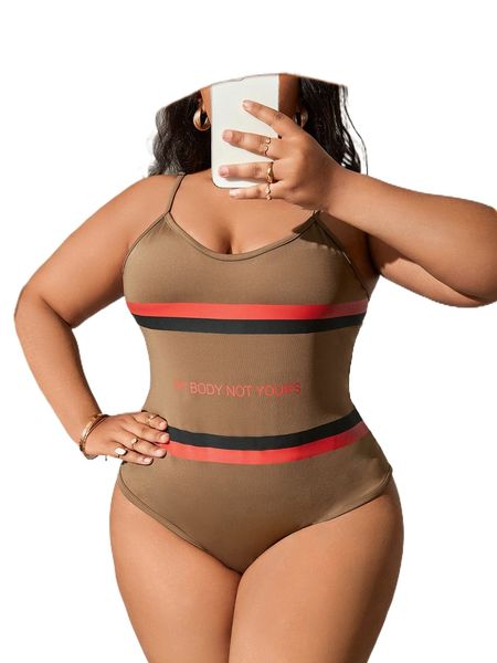 sxy plus slogan & striped print cami bodysuit k33m#, Black