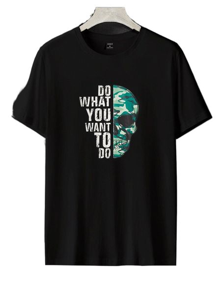 men slogan and camo skull print p3m5#, White;black 
men slogan and camo skull print p3m5#, White;black