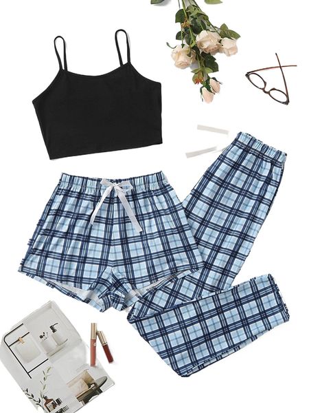 3pcs plaid knot front cami pj set s2i2#, Black;red