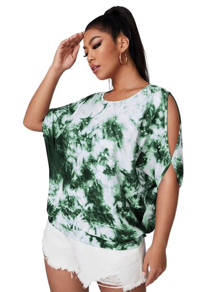 plus tie dye split sleeve tee k2us#, Black