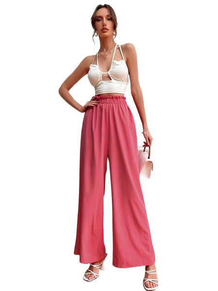 solid paper bag waist wide leg pants 36zt#, Black;white