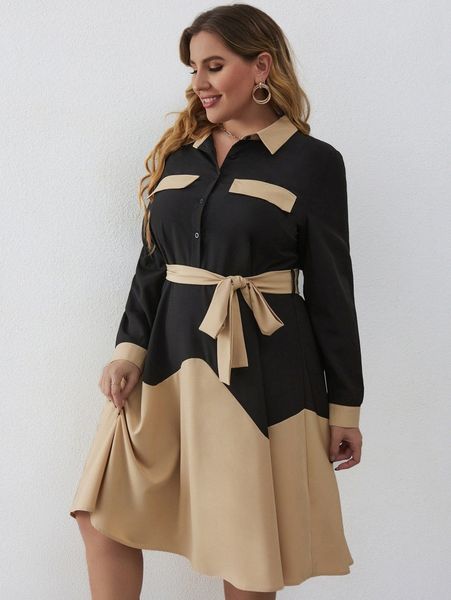 plus two tone belted shirt dress x2gg#, Black
plus two tone belted shirt dress x2gg#, Black