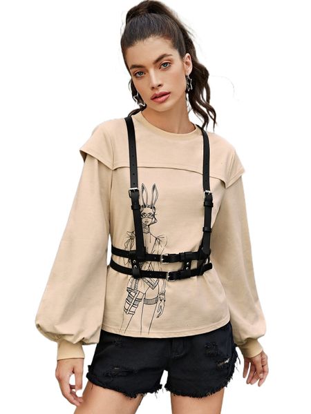 x oxana lantern sleeve cartoon graphic pullover with strap j08e#, Black 
x oxana lantern sleeve cartoon graphic pullover with strap j08e#, Black