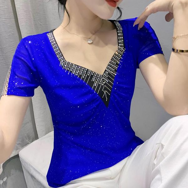 women's t-shirt summer 2022 women's fashion casual v-neck short-sleeved drilling mesh plus size solid color blusas, White
women's t-shirt summer 2022 women's fashion casual v-neck short-sleeved drilling mesh plus size solid color blusas, White