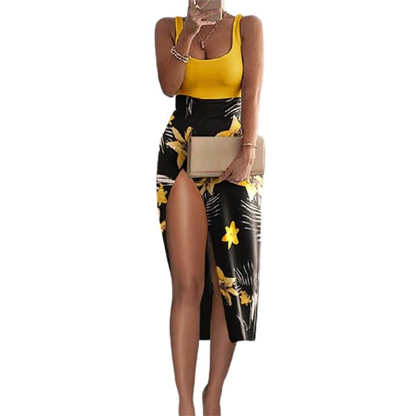 fashion women two piece set party wear solid u neck tank & high slit printed skirt sets 220421, White
fashion women two piece set party wear solid u neck tank & high slit printed skirt sets 220421, White