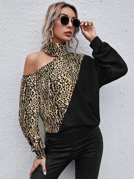 high neck cutout leopard colorblock 2473#, White 
high neck cutout leopard colorblock 2473#, White