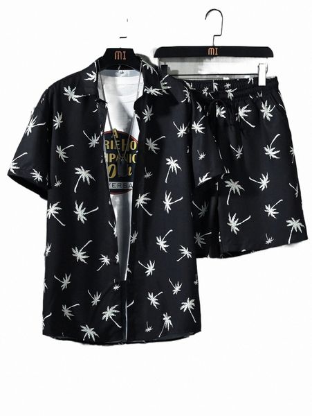 men random palm tree print shirt & drawstring waist shorts without tee 01td#, Gray